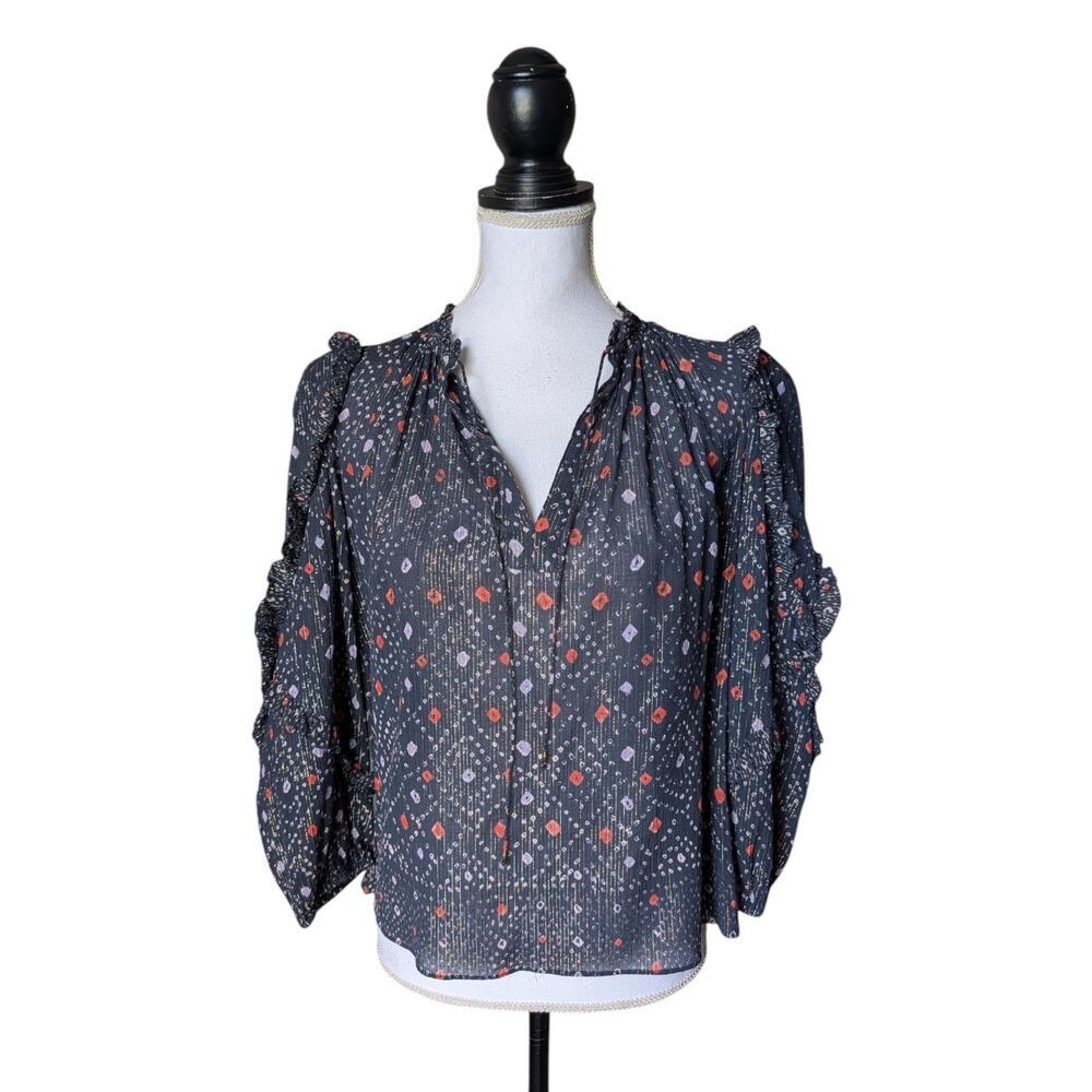 Ulla Johnson Manet Blouse in Navy Blue Sz 2 Small Ikat Metallic 3/4 Sleeve Top